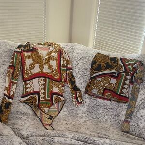 Fashion Nova Gold Black Red Multi-Print Bodysuit & Skirt Set